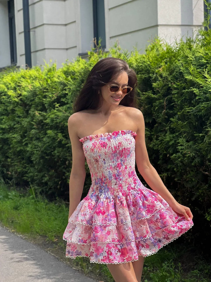 SOFIA | ROBE COURTE BUSTIER À VOLANTS